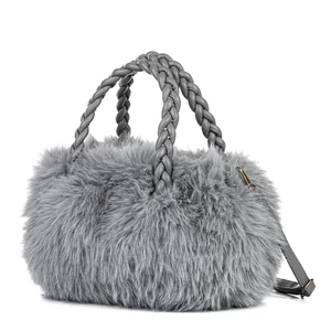 Szürke Műszőrme Táska Fonott Fogantyúval
