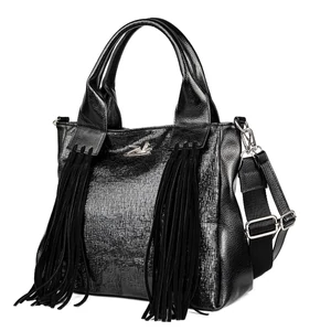 Zellia Fekete Kocka Mintás Női Válltáska Rojtokkal