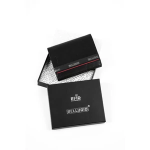 Kép 2/7 - Bellugio Fekete Férfi Valódi Bőr Pénztárca RFID Védelemmel, Piros Díszítéssel
