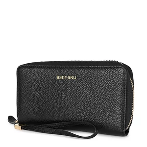 Kép 1/5 - Fekete Valódi Bőr Nagy Méretű Női Pénztárca