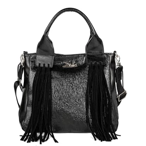 Kép 2/4 - Zellia Fekete Kocka Mintás Női Válltáska Rojtokkal