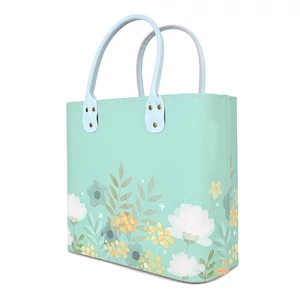 Kép 1/4 - Zöld Virág Mintás Közepes Méretű Shopper Táska